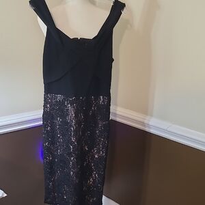 Eva Franco Strapless Dress in Black and Gold Lace